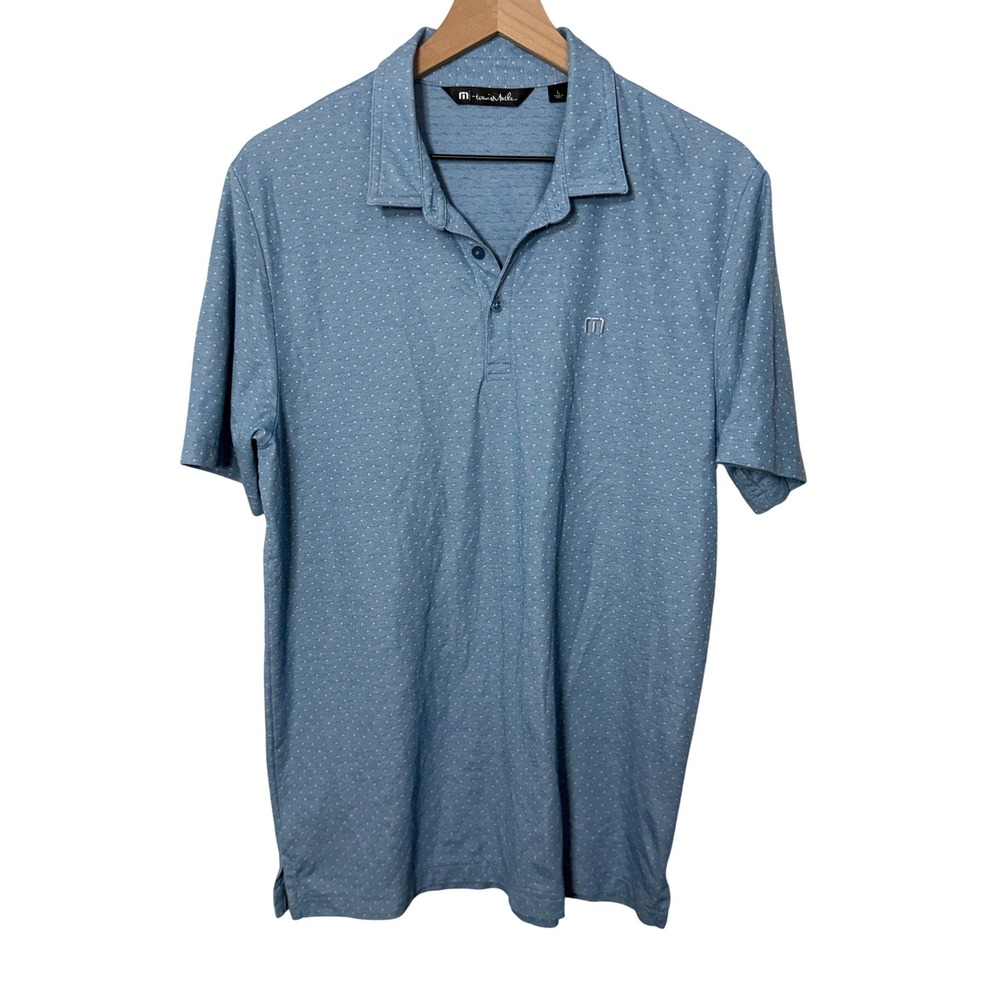 TravisMathew Polo Shirt Mens Large Blue Polka Dot Pima Cotton Blend‎ Active Golf